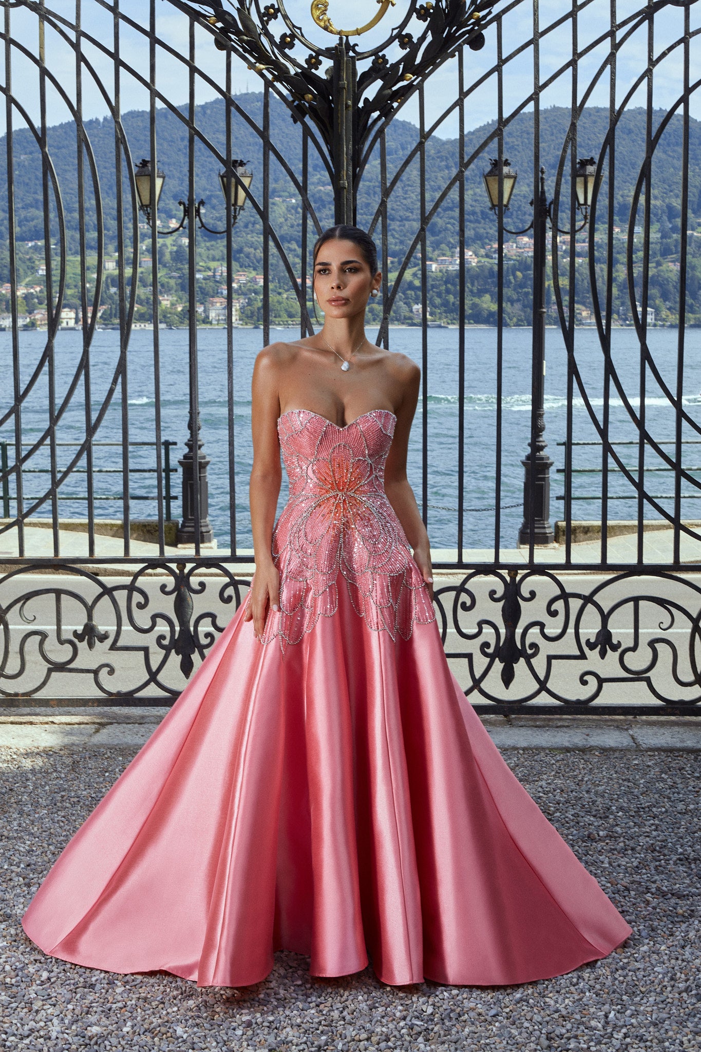 Fiore dress with a modern design and a bodice decorated with beads and crystals