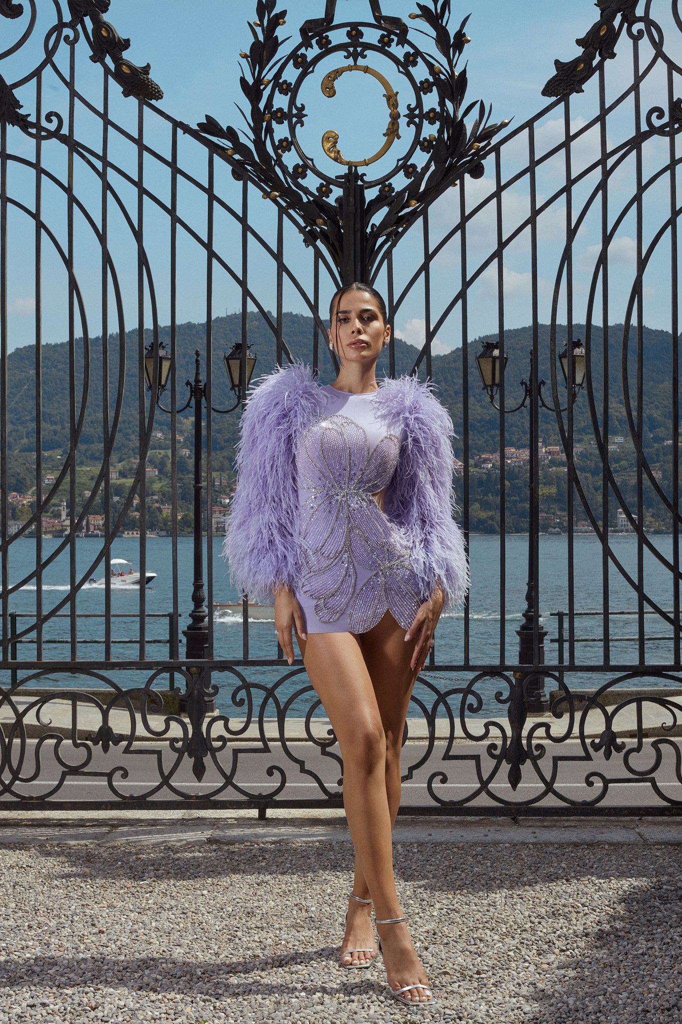 Light purple short dress with long feather sleeves