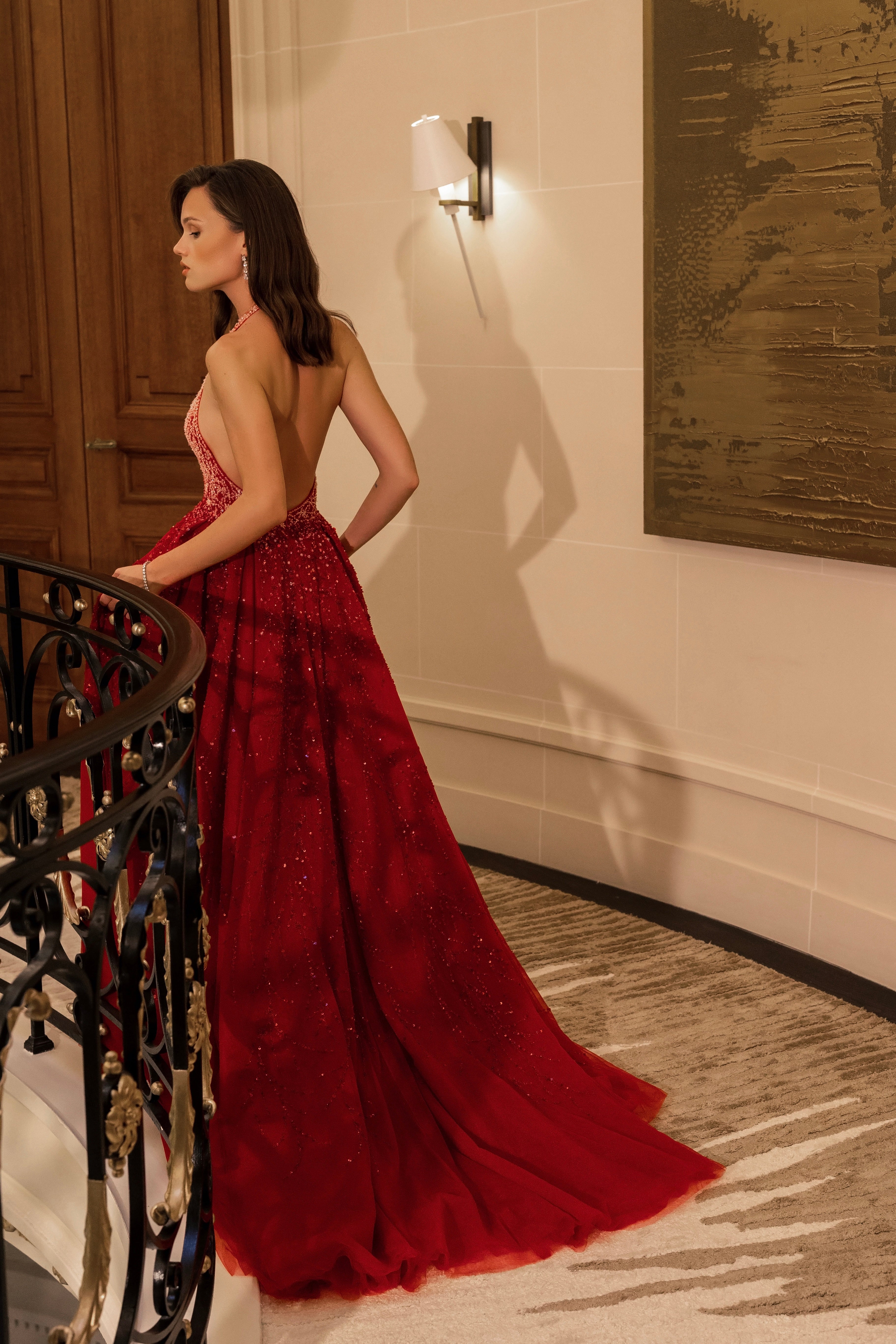 Red evening dress embroidered with Swarovski stones