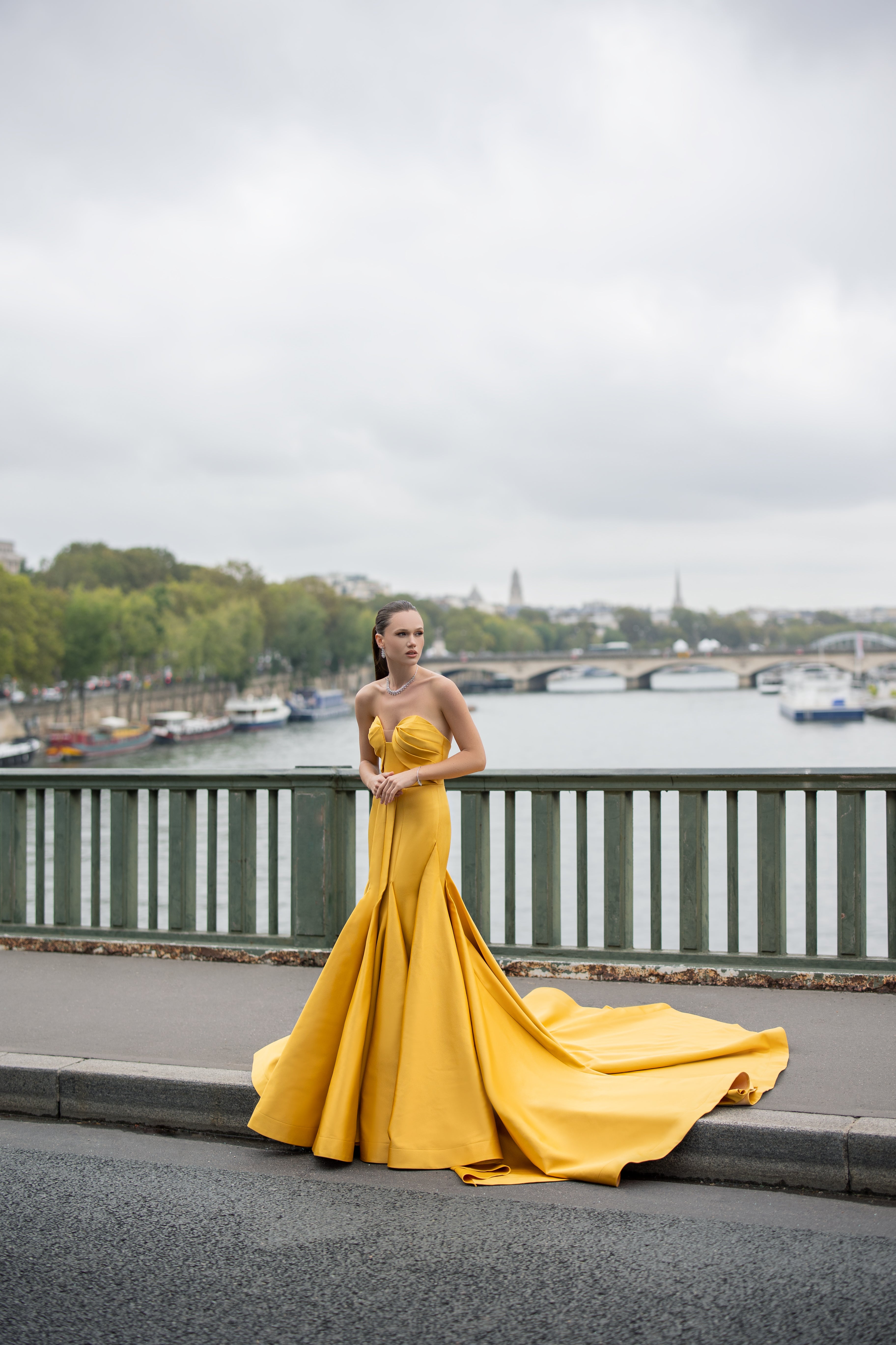 Distinctive and elegant yellow evening dress