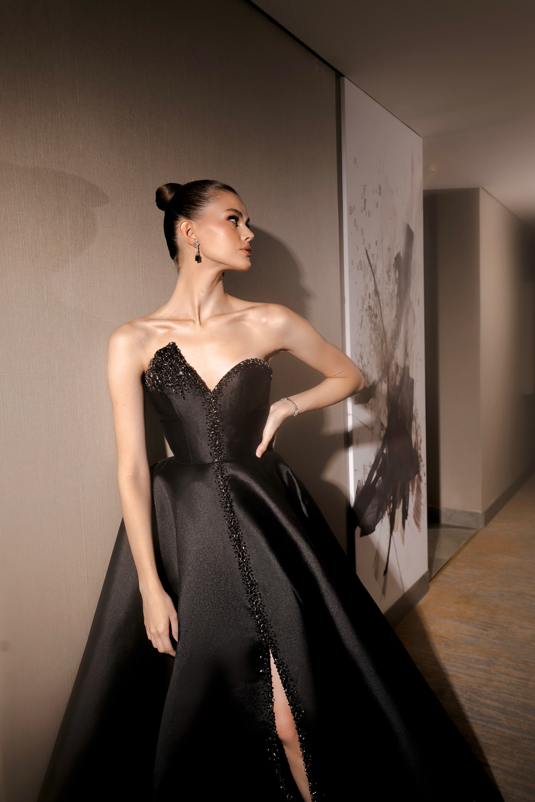 luxurious black royal dress decorated with raindrop beads